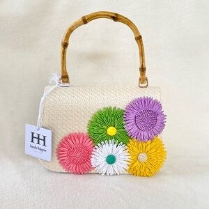Haute Hippie Straw Bag w/ Colorful Floral Decoration & Bamboo Handle